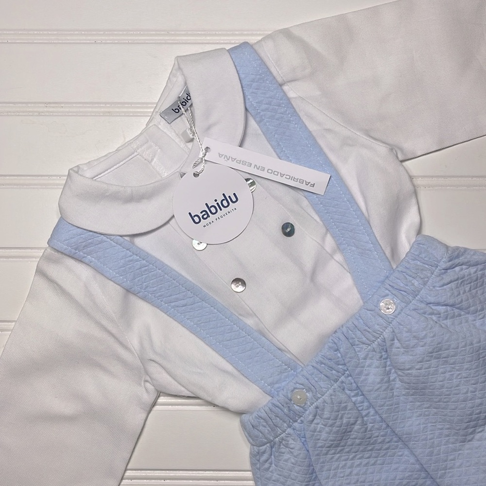 BABIDU NWT Made in Spain Boys Blue Quilted Suspender Peter Pan Collar Bubble Set